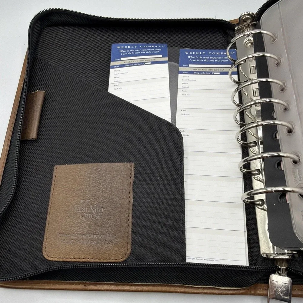 Vtg. Franklin Quest ~Blk. Canvas/Brown Leather Trim ~Green Line Planner Zip